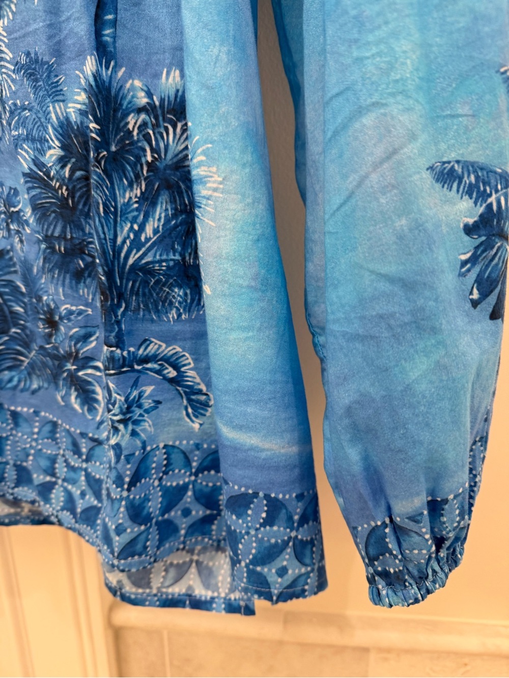 Tommy Bahama Light Blue Palm-Scene Peasant Top - Picture 3 of 4